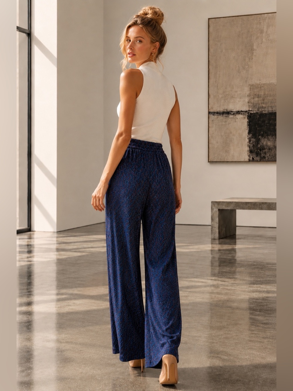 Skies Are Blue Crinkled Wide Leg Shimmer Pants Blue Teal Purple Metallic Size M - Picture 2 of 13